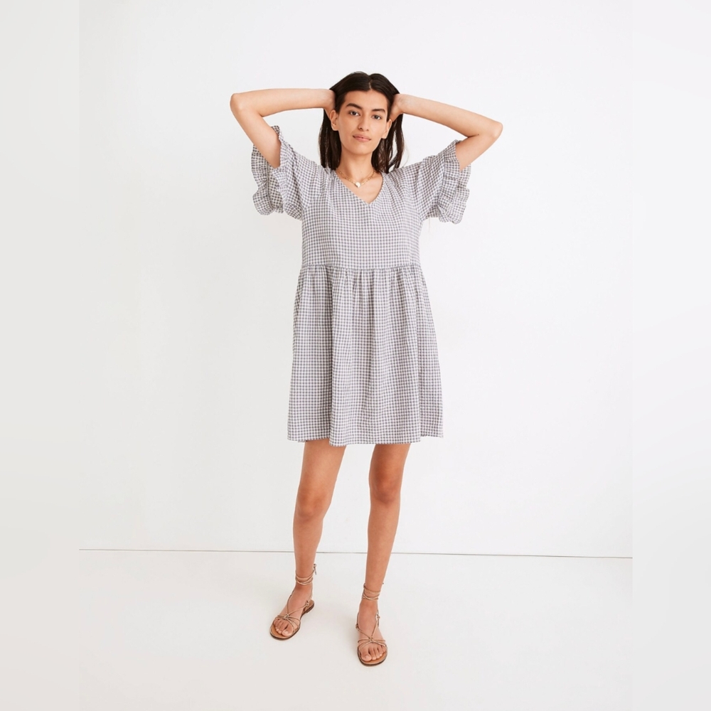 Madewell Ruffle-Sleeve Babydoll Dress in Seersucker Gingham XXS